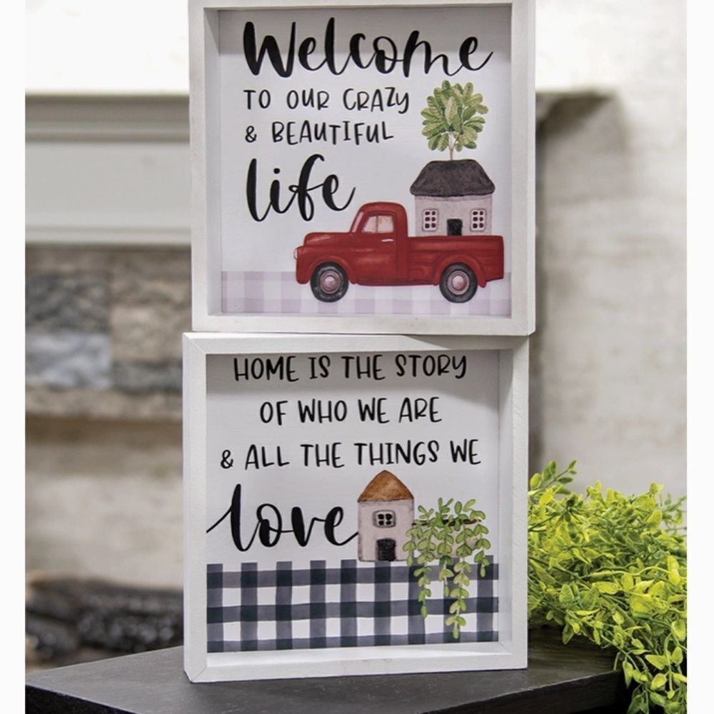 Farmhouse Wooden Set of Two Box Signs Red Truck Buffalo Plaid Decor